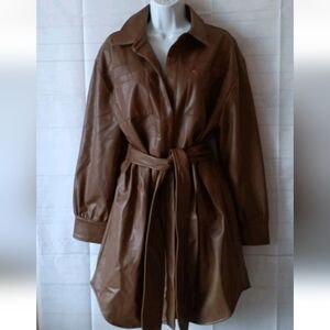 7 For All Mankind Brown Faux Leather Long Sleeve Shirt Dress with Belt